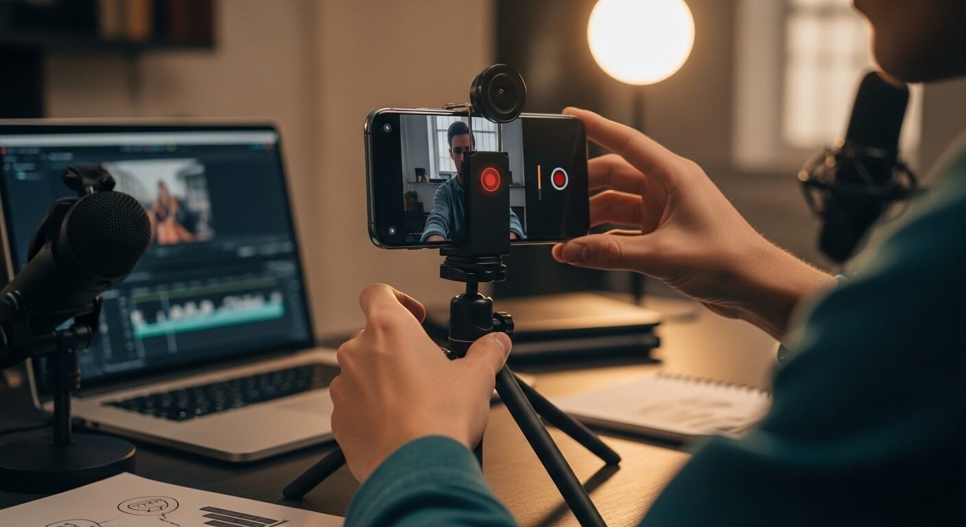 Người đang quay video chuyên nghiệp bằng smartphone trên tripod trong không gian làm việc ngăn nắp, sản xuất nội dung số sáng tạo phù hợp cho TikTok tuyển dụng.