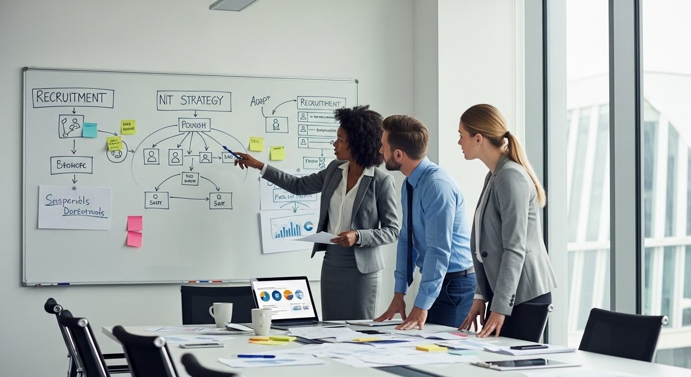 Ba chuyên gia tập trung thảo luận chiến lược và sơ đồ tuyển dụng mass hiệu quả trên bảng trắng, trong phòng họp hiện đại tràn ngập ánh sáng tự nhiên.