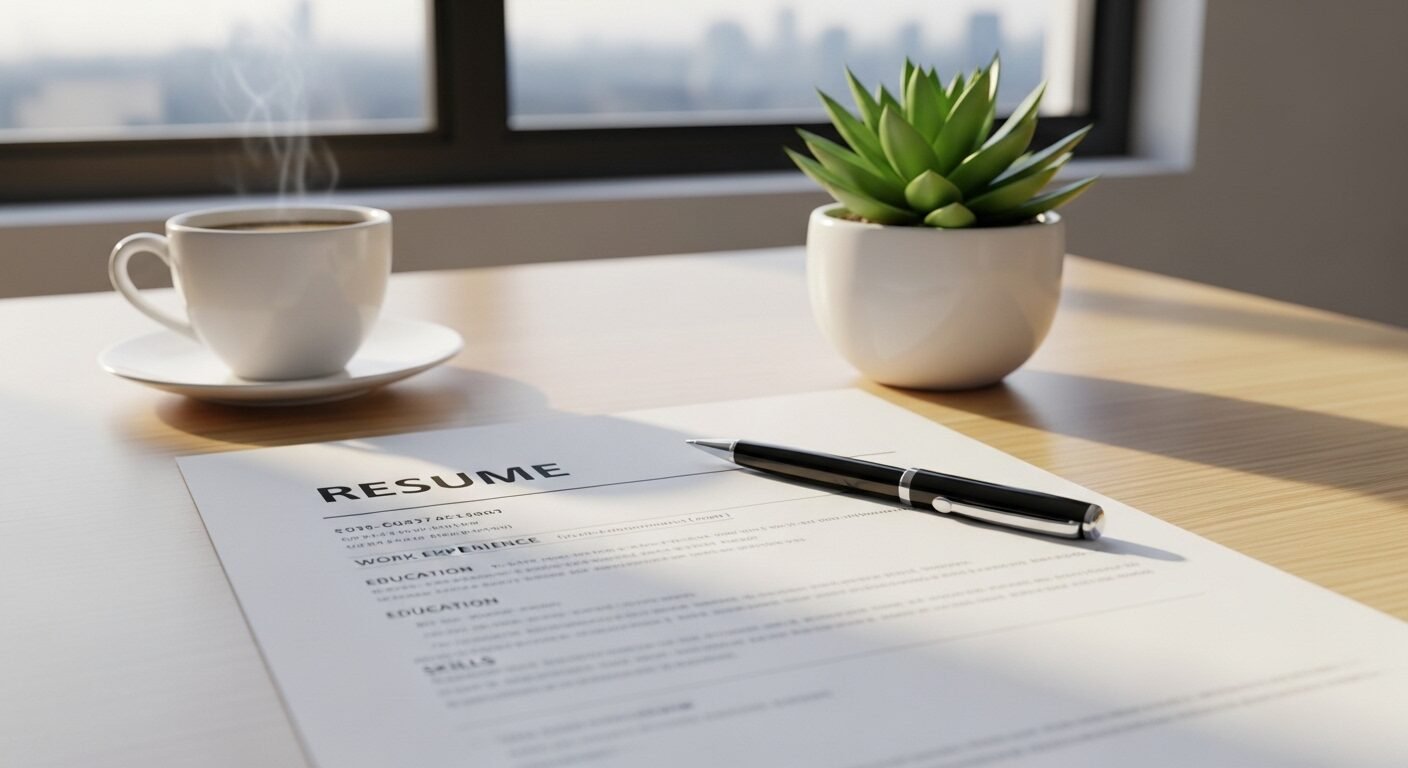 Sơ yếu lý lịch gọn gàng trên bàn gỗ, bên cạnh cà phê và cây xanh, là bước đầu chuẩn bị cho phỏng vấn xin việc, giúp ứng viên tìm hiểu cách trả lời phỏng vấn khi chưa có kinh nghiệm hiệu quả.