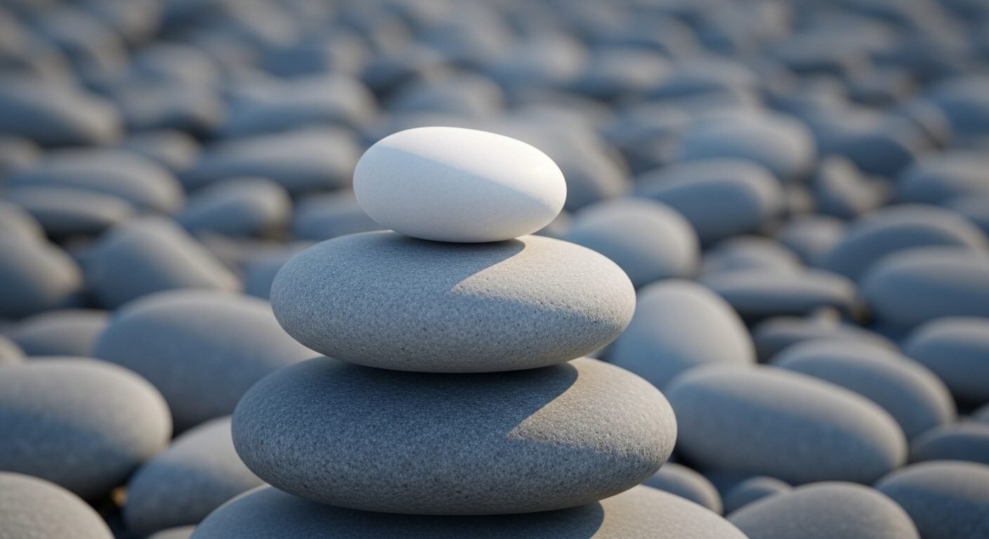 Viên sỏi trắng độc đáo, sắc nét nổi bật trên chồng sỏi xám. Tượng trưng cho cách tạo điểm nhấn khác biệt khi trả lời câu hỏi phỏng vấn nhà tuyển dụng.