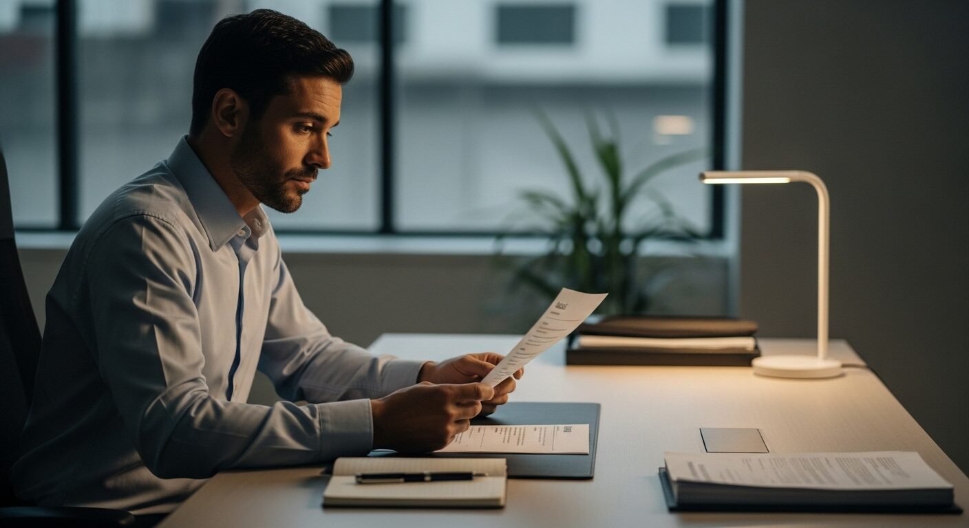 Hình ảnh một người chuyên nghiệp đang bình tĩnh đọc hồ sơ hoặc tài liệu liên quan đến cách trả lời mức lương mong muốn trong không gian văn phòng hiện đại.