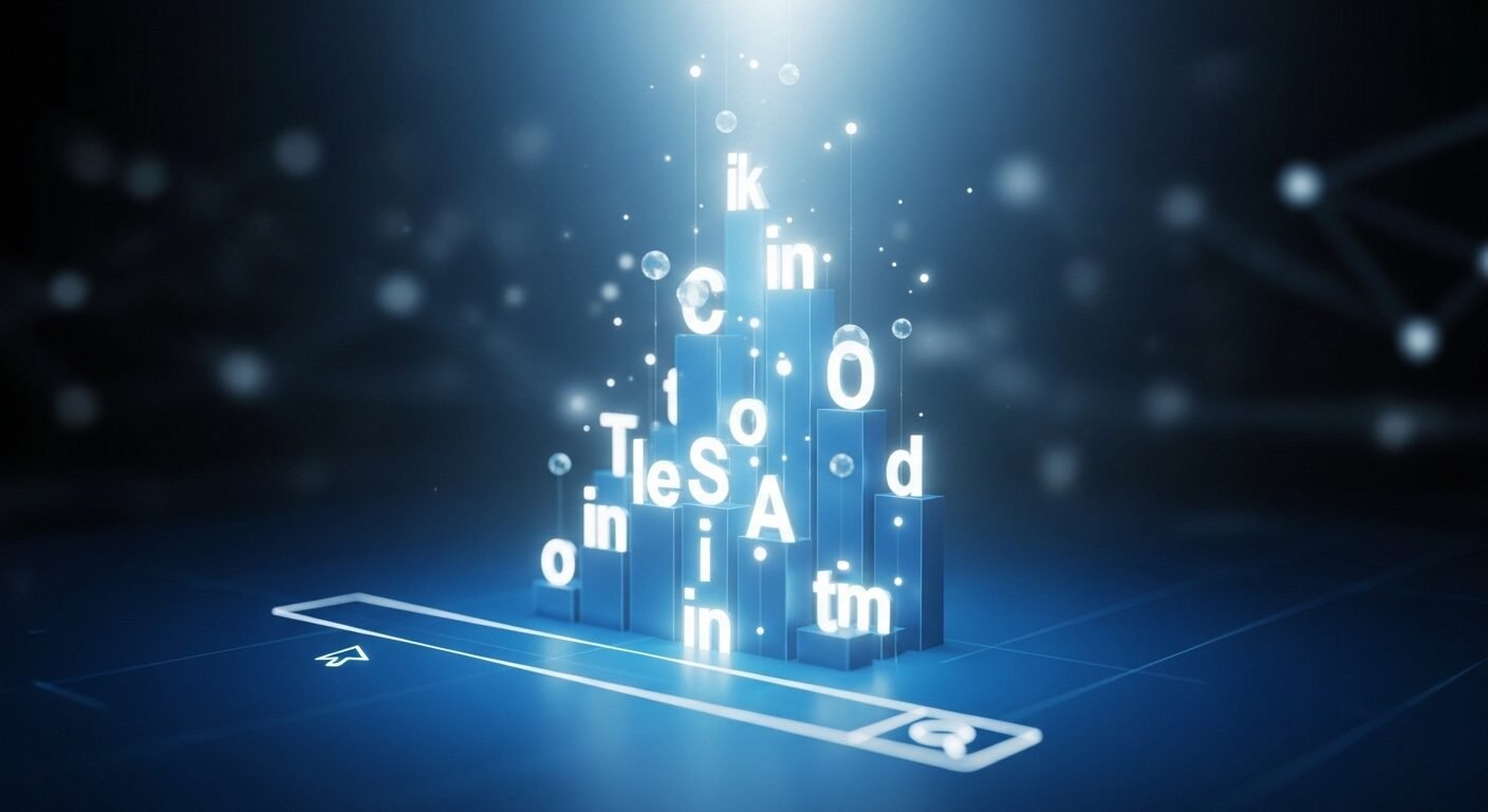 Dữ liệu và thông tin phát sáng bay lên từ màn hình kỹ thuật số, cùng thanh tìm kiếm mờ, nhấn mạnh tầm quan trọng của SEO và thiết kế trang web tối ưu.