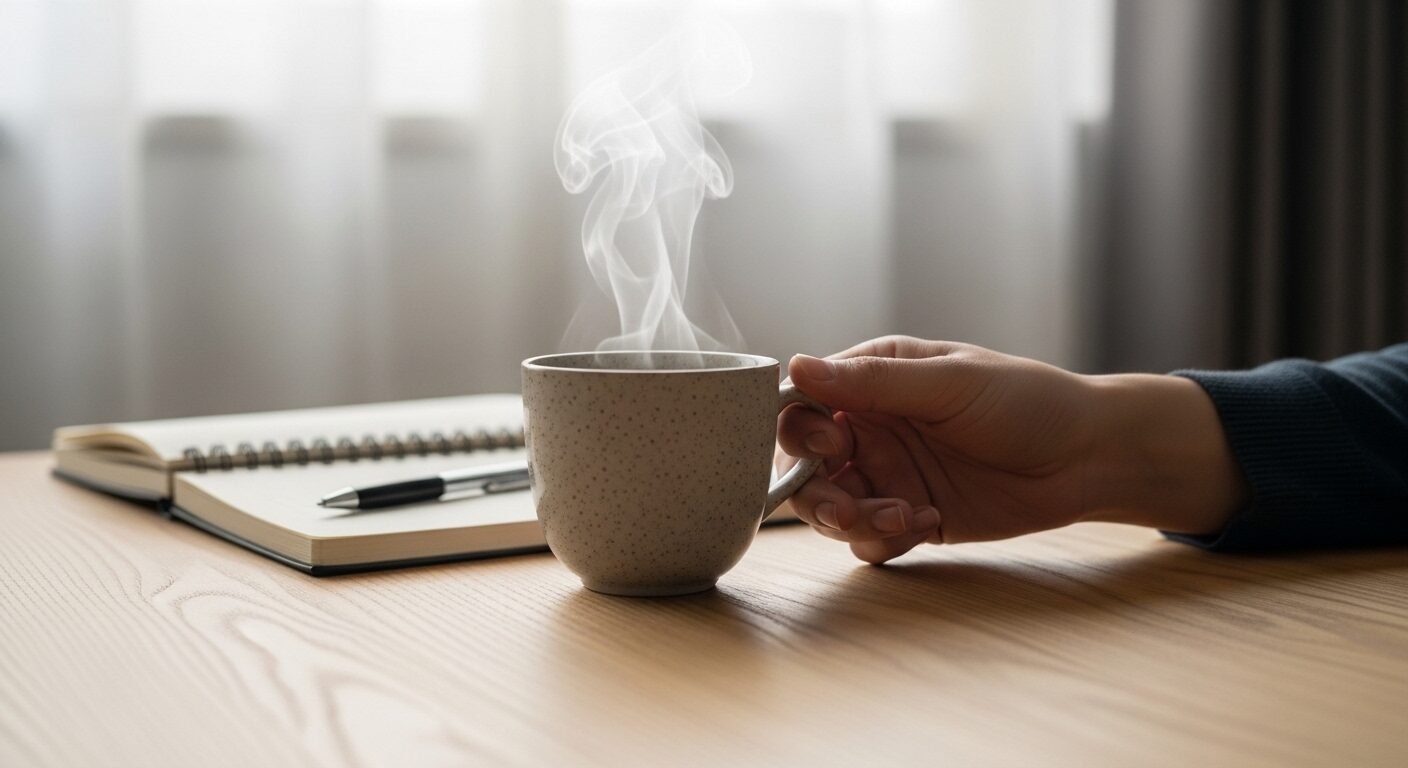 Bàn làm việc gọn gàng với tách trà nóng và sổ tay, thể hiện cách người Nhật chống trì hoãn bằng sự chuẩn bị và tập trung tinh thần. Bàn làm việc gọn gàng với tách trà nóng và sổ tay, thể hiện cách người Nhật chống trì hoãn bằng sự chuẩn bị và tập trung tinh thần.