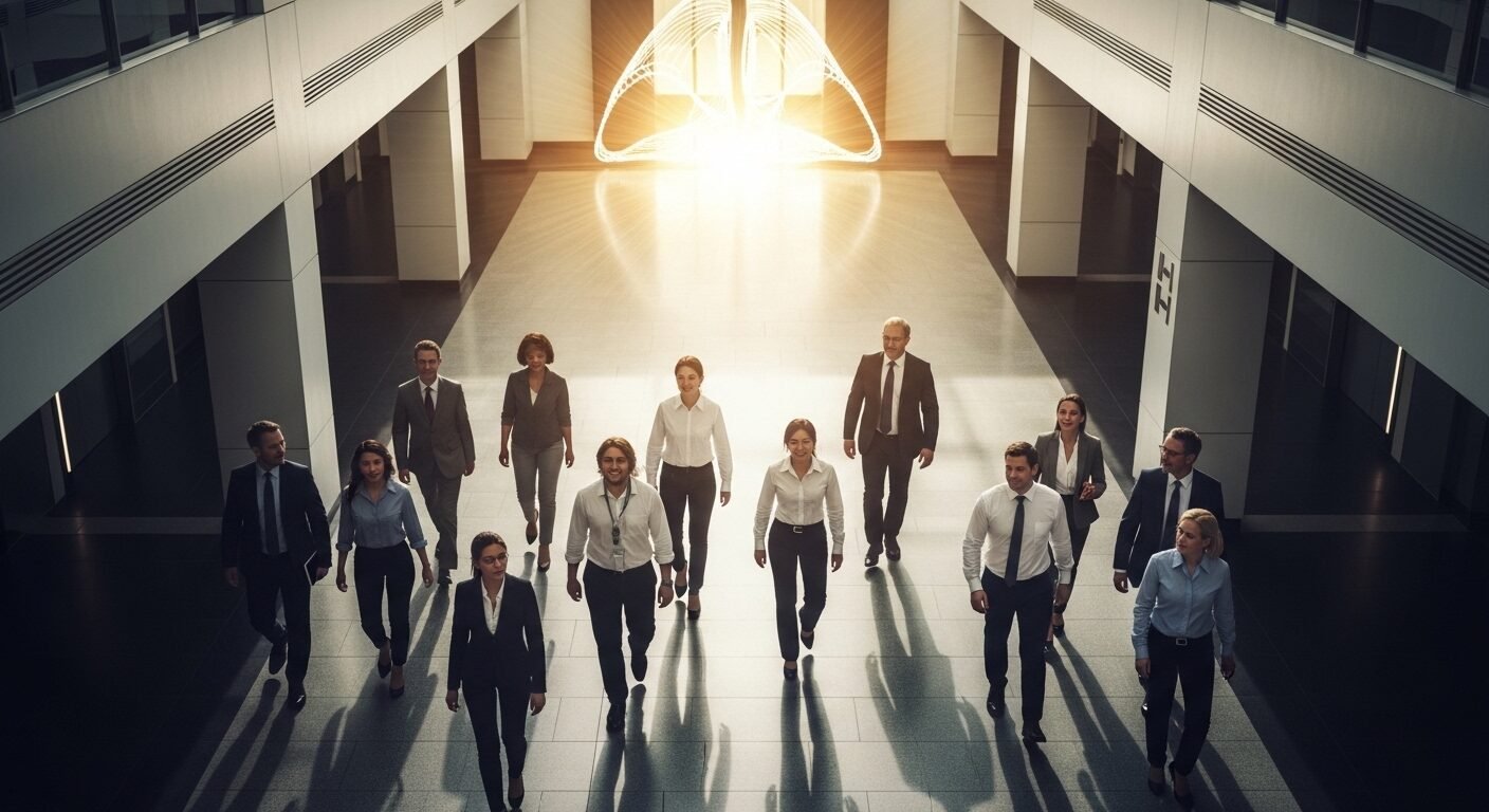 Đội ngũ chuyên nghiệp tiến về phía ánh sáng rực rỡ trong hành lang hiện đại, minh họa môi trường làm việc năng động và cơ hội phát triển khi tìm kiếm mẫu tin tuyển dụng nhân viên bán hàng.