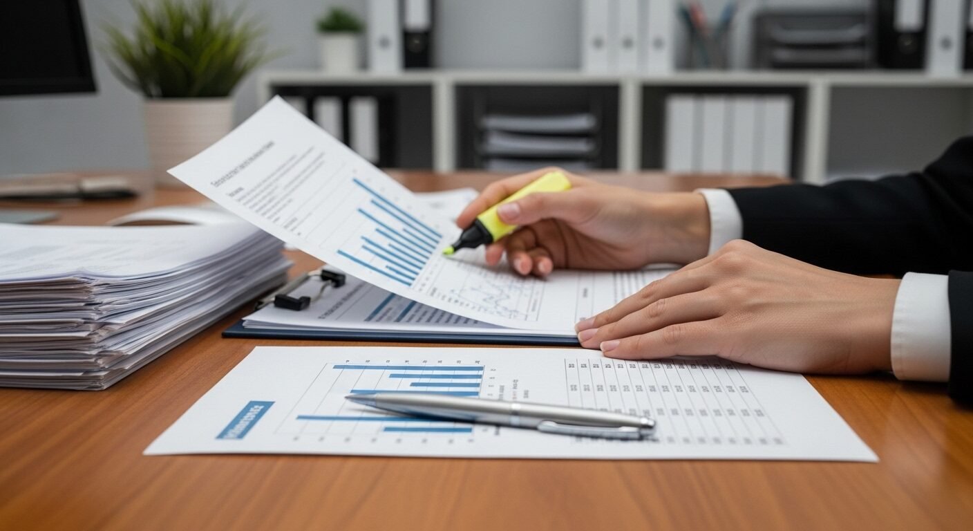 Cận cảnh bàn tay chuyên nghiệp đang xem xét kỹ lưỡng các tài liệu tài chính, pháp lý. Hình ảnh thể hiện sự tỉ mỉ trong bước đánh giá hồ sơ ứng viên của quy trình tuyển dụng ngân hàng.