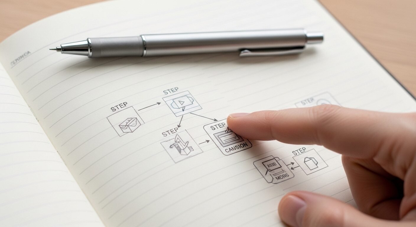 Bàn tay đặt bút trên sơ đồ quy trình chi tiết trong sổ tay mở, minh họa việc đánh giá CV ứng viên một cách có phương pháp và hiệu quả.