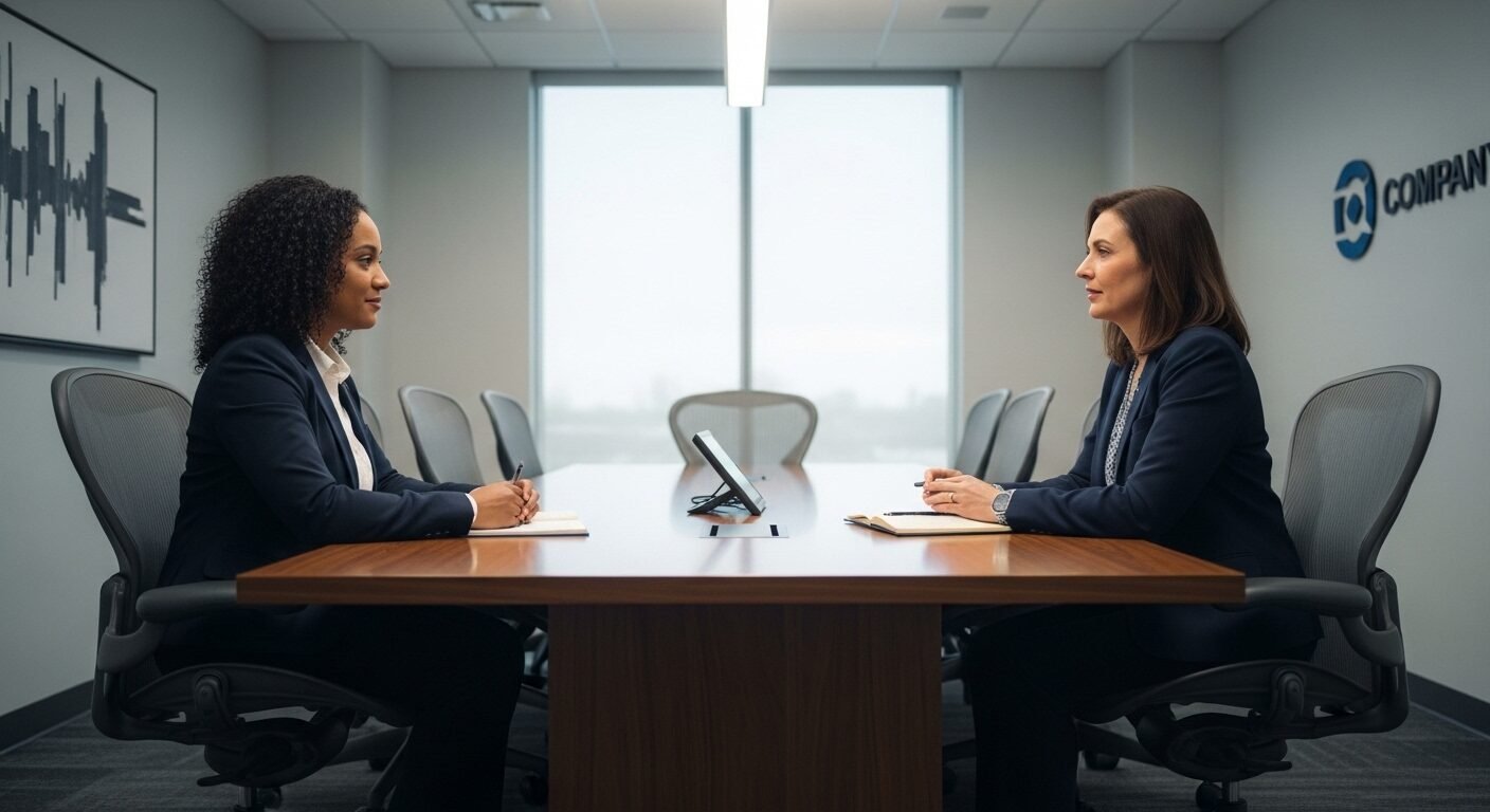 Buổi phỏng vấn xin việc bằng tiếng Anh giữa ứng viên và nhà tuyển dụng tại bàn họp hiện đại, chuyên nghiệp. Buổi phỏng vấn xin việc bằng tiếng Anh giữa ứng viên và nhà tuyển dụng tại bàn họp hiện đại, chuyên nghiệp.