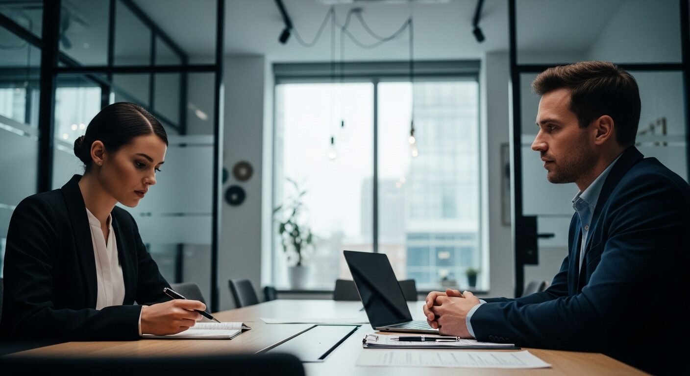 Hai người trong buổi phỏng vấn thử chuyên nghiệp, ứng viên đang xem ghi chú để chuẩn bị tốt nhất và tìm cách xử lý khi bí câu hỏi phỏng vấn.