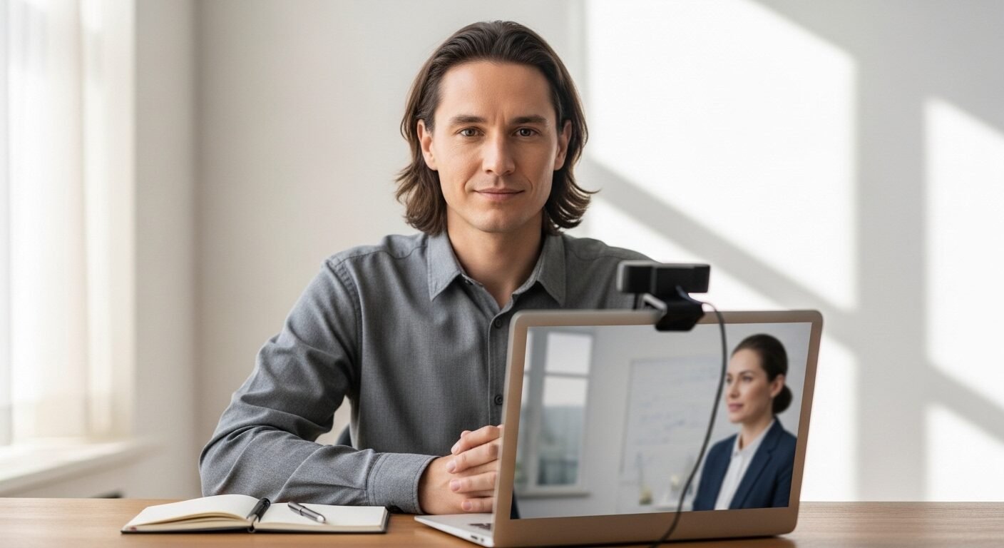 Một người tự tin phỏng vấn online qua webcam trong không gian chuyên nghiệp, minh họa cách trả lời phỏng vấn khi chưa có kinh nghiệm một cách hiệu quả. Một người tự tin phỏng vấn online qua webcam trong không gian chuyên nghiệp, minh họa cách trả lời phỏng vấn khi chưa có kinh nghiệm một cách hiệu quả.