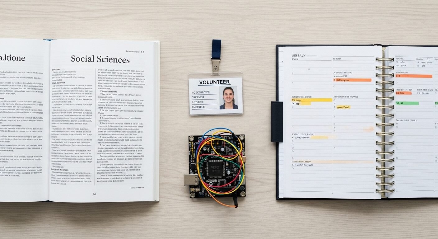 Flat lay với sách giáo trình, thẻ tình nguyện, bảng mạch điện tử và sổ kế hoạch, minh họa kinh nghiệm và kỹ năng đa dạng cần thiết để biết cách trả lời phỏng vấn khi chưa có kinh nghiệm một cách tự tin. Flat lay với sách giáo trình, thẻ tình nguyện, bảng mạch điện tử và sổ kế hoạch, minh họa kinh nghiệm và kỹ năng đa dạng cần thiết để biết cách trả lời phỏng vấn khi chưa có kinh nghiệm một cách tự tin.