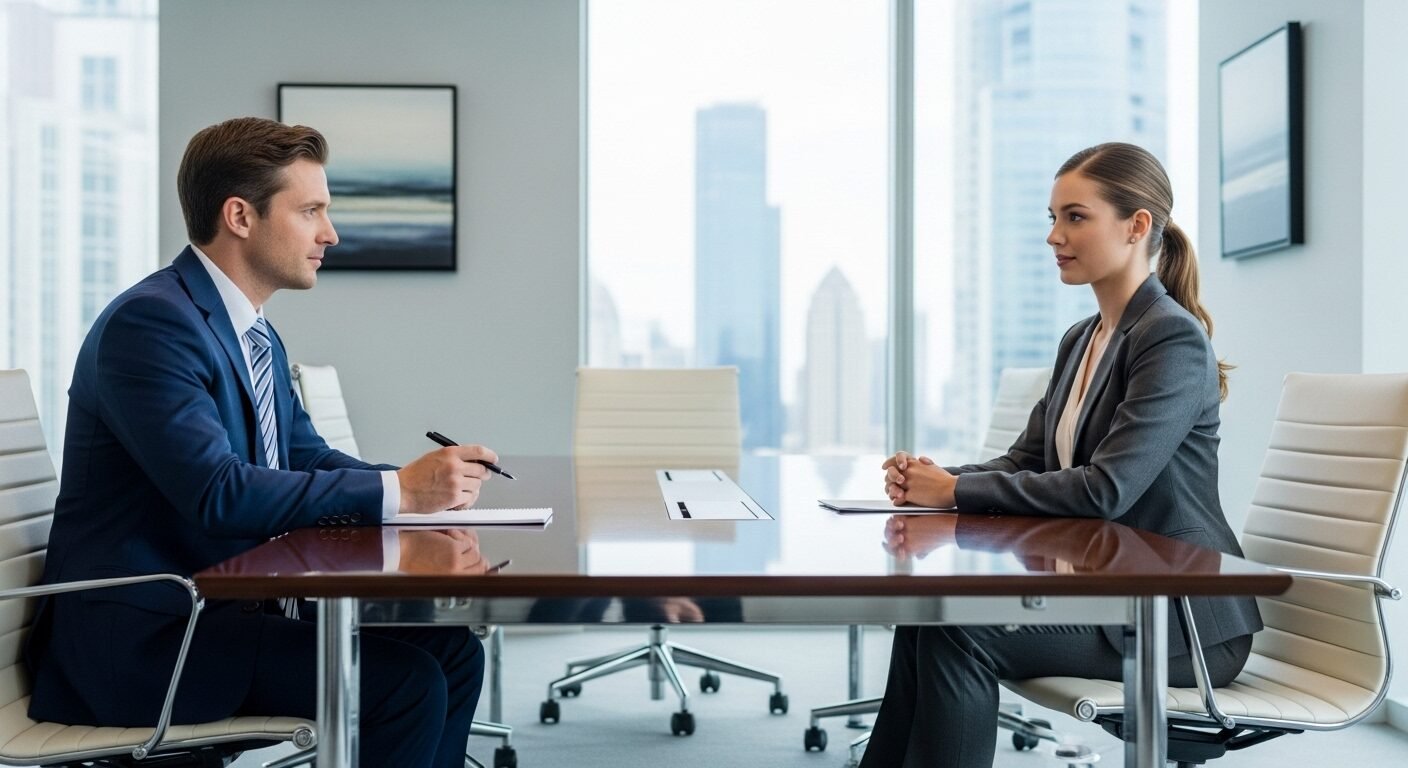 Phỏng vấn chuyên nghiệp trong văn phòng hiện đại với hai người, một người cầm bút ghi chép và người còn lại lắng nghe chăm chú. Minh họa cách trả lời phỏng vấn khi chưa có kinh nghiệm.