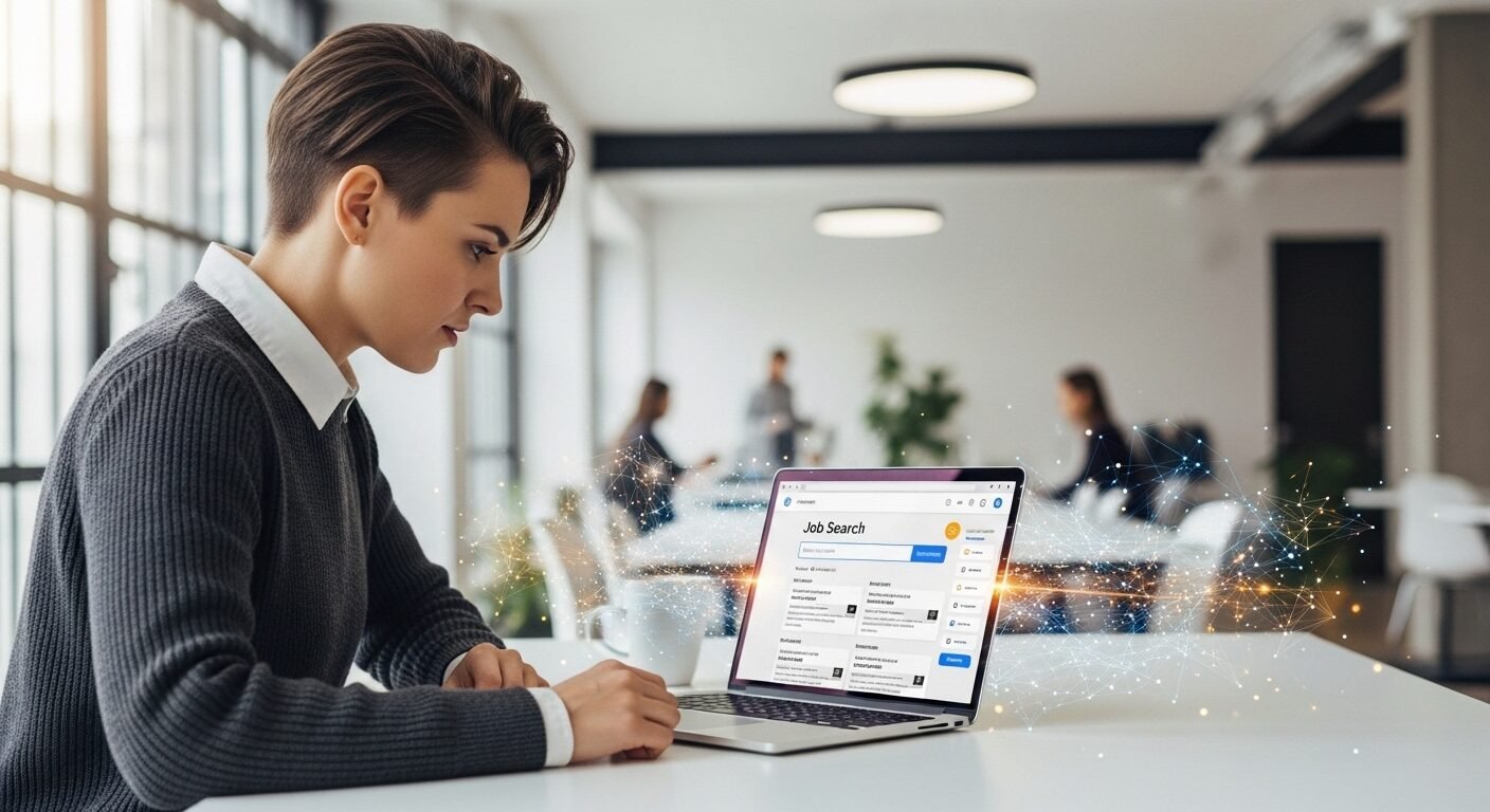 Người trẻ chuyên nghiệp tập trung vào laptop, khám phá cơ hội từ trang tuyển dụng uy tín trong không gian co-working hiện đại. Người trẻ chuyên nghiệp tập trung vào laptop, khám phá cơ hội từ trang tuyển dụng uy tín trong không gian co-working hiện đại.