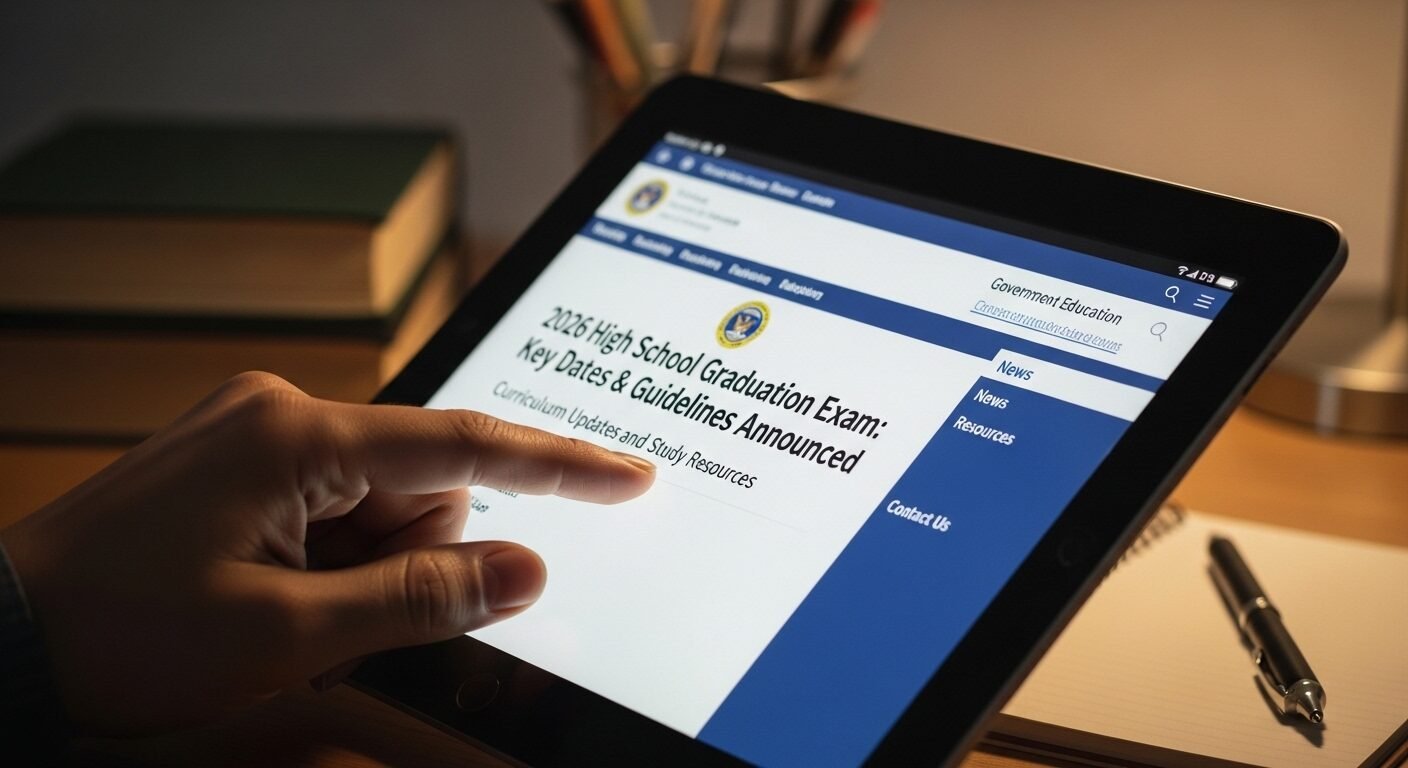 Tay lướt máy tính bảng xem thông tin chính thức về đề thi tốt nghiệp THPT 2026 trên website giáo dục của chính phủ.
