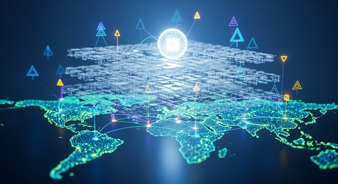 Hình ảnh trừu tượng điện toán đám mây và trí tuệ nhân tạo (AI) với cấu trúc dữ liệu phát sáng trên bản đồ toàn cầu, minh họa mạng lưới kỹ thuật số. Tìm hiểu thêm về các giải pháp công nghệ qua review HCLTech.