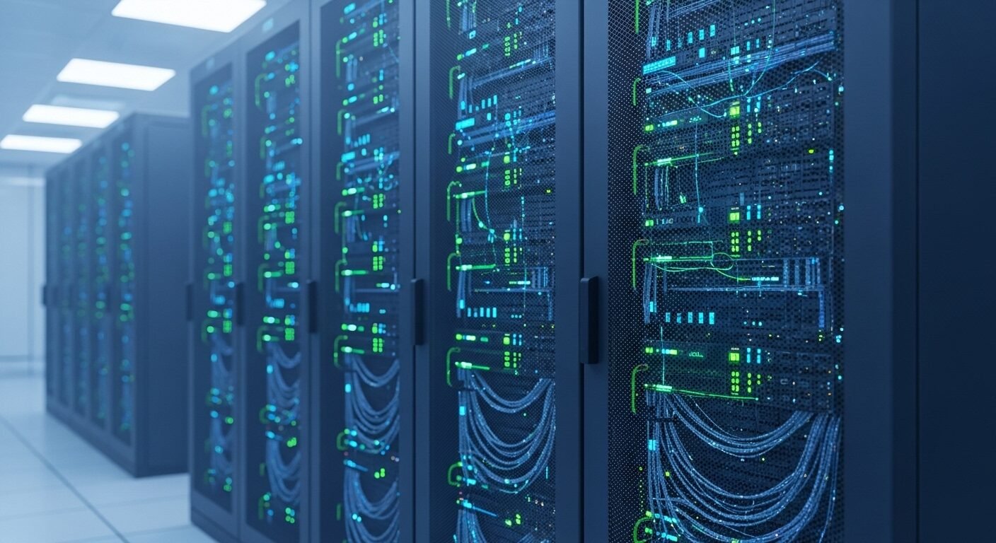 Phòng máy chủ hiện đại với các server mạnh mẽ, đèn dữ liệu xanh dương và xanh lá phát sáng, thể hiện hạ tầng điện toán đám mây và AI tiên tiến. Minh họa năng lực công nghệ của một công ty phần mềm tại Việt Nam. Phòng máy chủ hiện đại với các server mạnh mẽ, đèn dữ liệu xanh dương và xanh lá phát sáng, thể hiện hạ tầng điện toán đám mây và AI tiên tiến. Minh họa năng lực công nghệ của một công ty phần mềm tại Việt Nam.