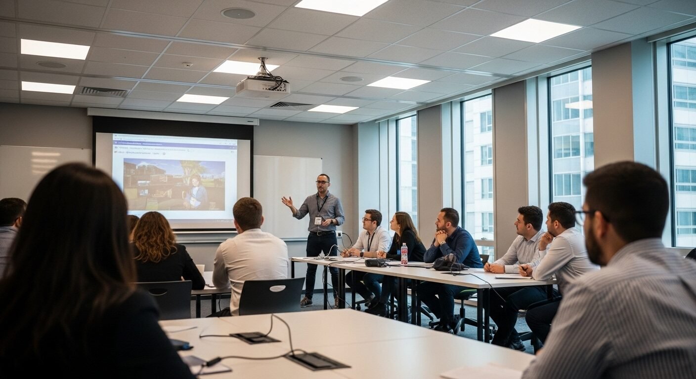 Buổi workshop đào tạo công nghệ sôi nổi tại CO-WELL Asia, giảng viên hướng dẫn trên màn hình lớn và nhân viên tương tác. Minh họa chân thực cho những review CO-WELL Asia về môi trường học tập và phát triển chuyên nghiệp.