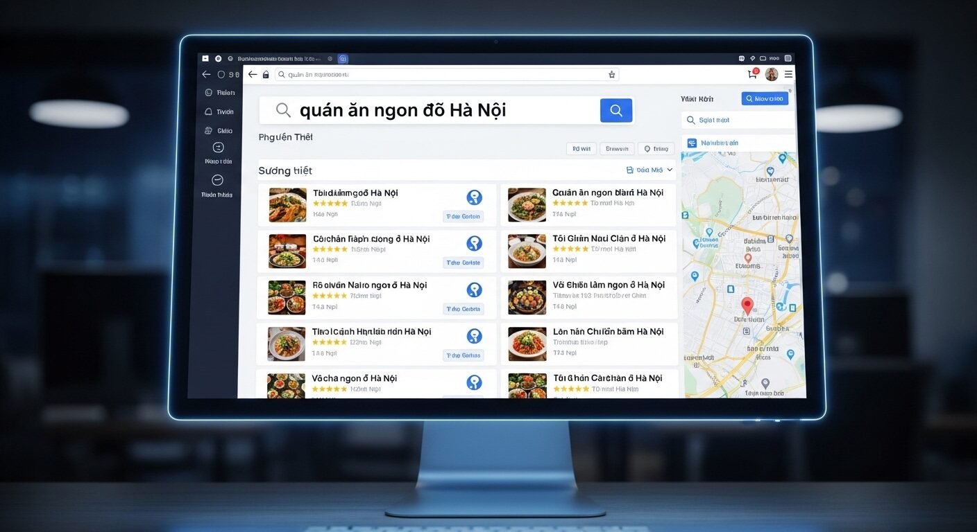 Màn hình máy tính hiển thị trang kết quả tìm kiếm địa phương và thông tin văn hóa Việt Nam trên Cốc Cốc, bao gồm cả các Review Cốc Cốc hữu ích. Màn hình máy tính hiển thị trang kết quả tìm kiếm địa phương và thông tin văn hóa Việt Nam trên Cốc Cốc, bao gồm cả các Review Cốc Cốc hữu ích.