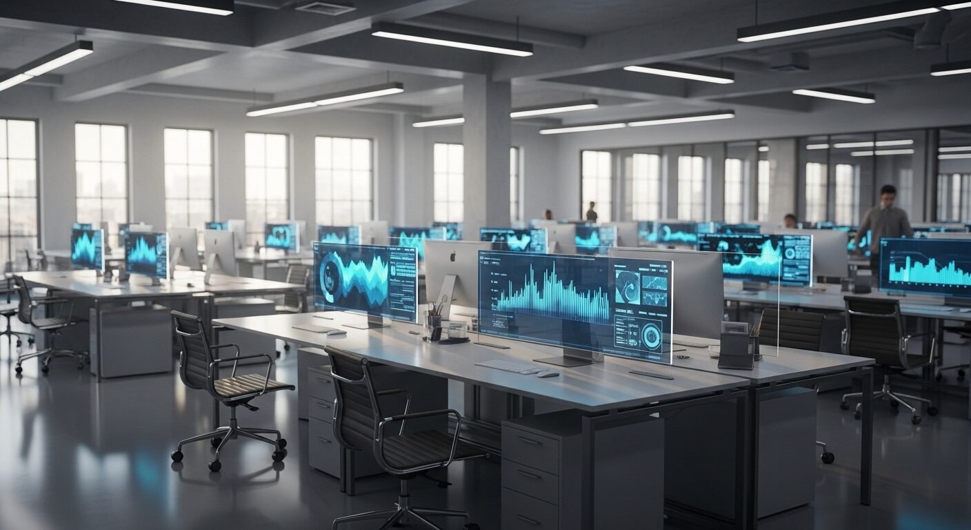 Văn phòng mở hiện đại, tràn ngập ánh sáng tự nhiên với màn hình dữ liệu công nghệ cao, không gian lý tưởng cho Review Công ty Boot.AI. Văn phòng mở hiện đại, tràn ngập ánh sáng tự nhiên với màn hình dữ liệu công nghệ cao, không gian lý tưởng cho Review Công ty Boot.AI.