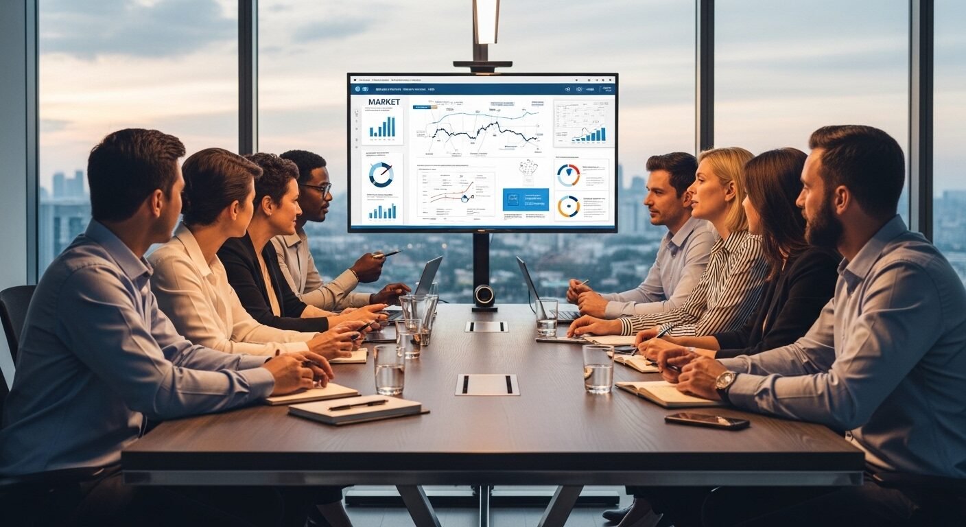 Nhóm chuyên gia đa dạng thảo luận dữ liệu trên infographic tại bàn họp hiện đại, chuẩn bị cho buổi review công ty RevoTech, với khung cảnh thành phố qua cửa sổ.