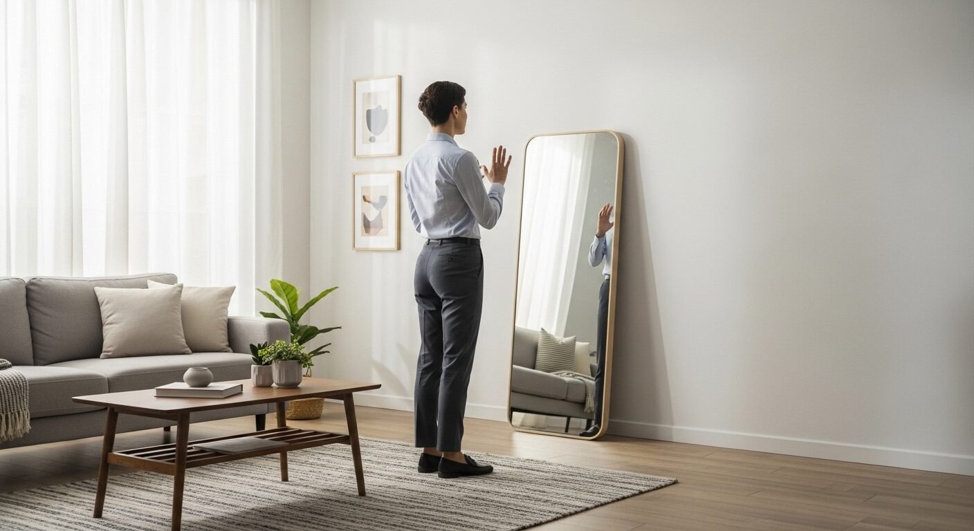 Ứng viên luyện tập cách trả lời phỏng vấn giới thiệu bản thân trước gương, với tư thế thẳng và cử chỉ tay tự tin trong phòng khách hiện đại. Ứng viên luyện tập cách trả lời phỏng vấn giới thiệu bản thân trước gương, với tư thế thẳng và cử chỉ tay tự tin trong phòng khách hiện đại.