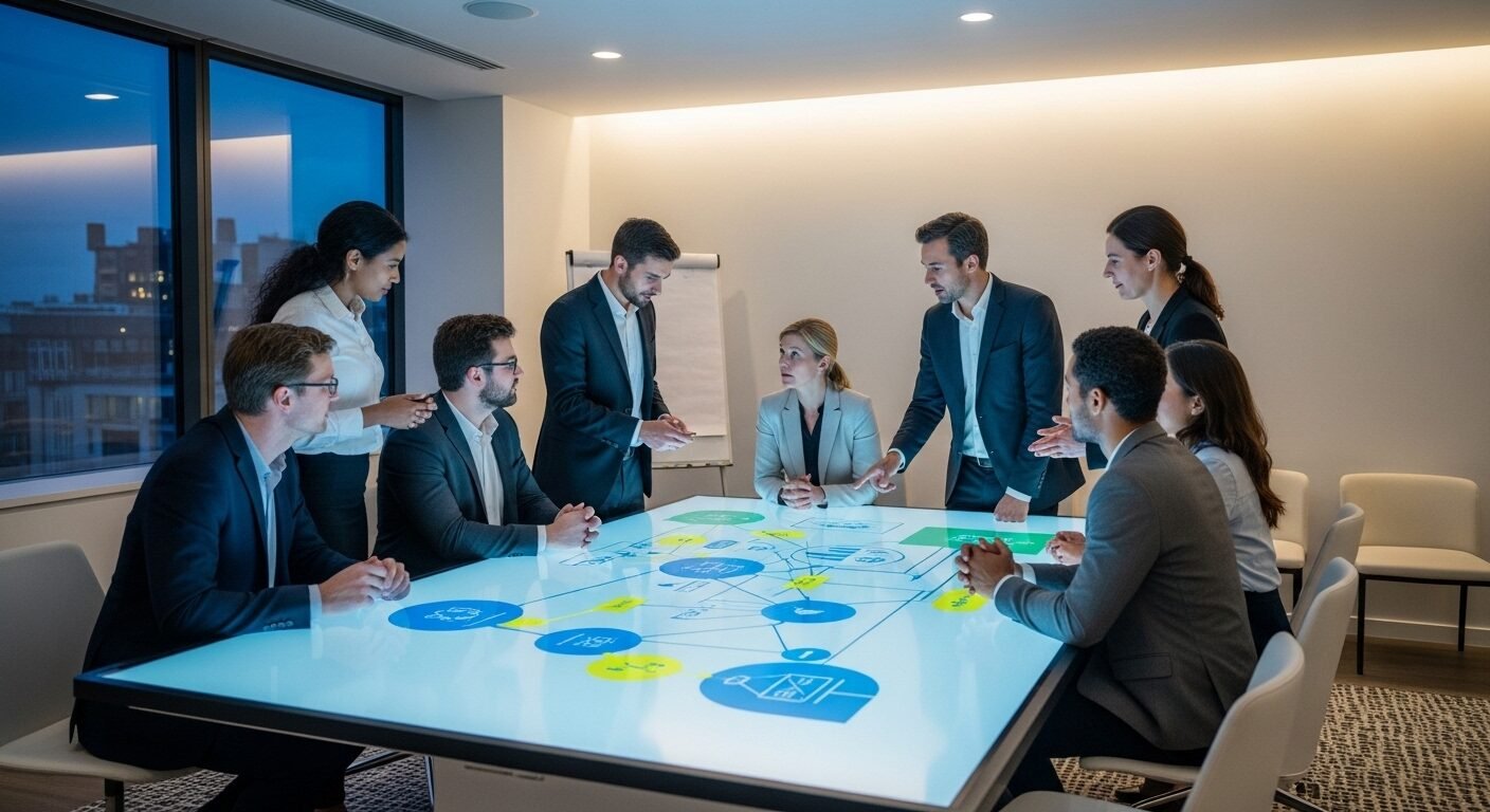 Nhóm chuyên gia thảo luận chiến lược trong phòng họp hiện đại, chuyên nghiệp với màn hình kỹ thuật số lớn. Hình ảnh thể hiện môi trường làm việc năng động, lý tưởng cho ai tìm kiếm review Công ty Công nghệ Vũ Thảo. Nhóm chuyên gia thảo luận chiến lược trong phòng họp hiện đại, chuyên nghiệp với màn hình kỹ thuật số lớn. Hình ảnh thể hiện môi trường làm việc năng động, lý tưởng cho ai tìm kiếm review Công ty Công nghệ Vũ Thảo.