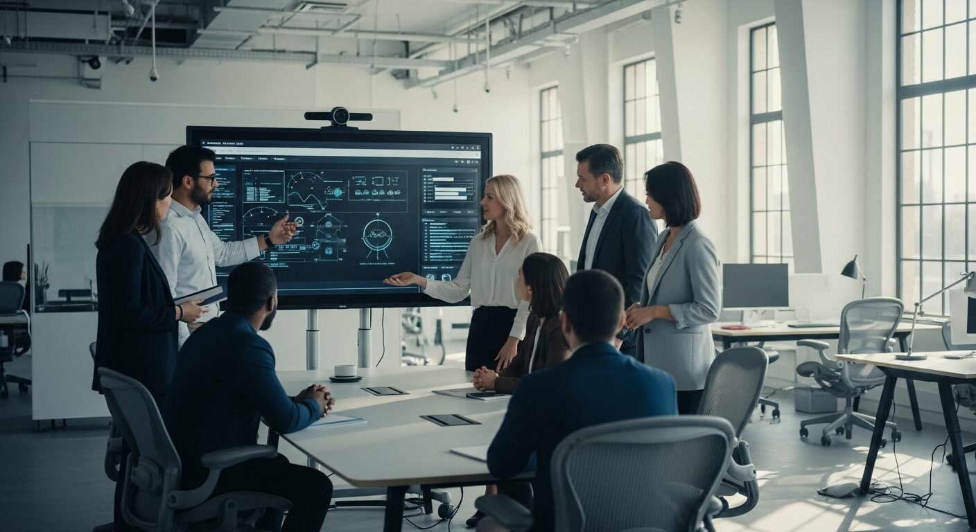 Nhóm chuyên gia đa dạng cộng tác hiệu quả trong văn phòng hiện đại, năng động, thể hiện tinh thần làm việc nhóm và đổi mới mà nhiều người tìm kiếm trong các Review Công ty VMO Holdings.