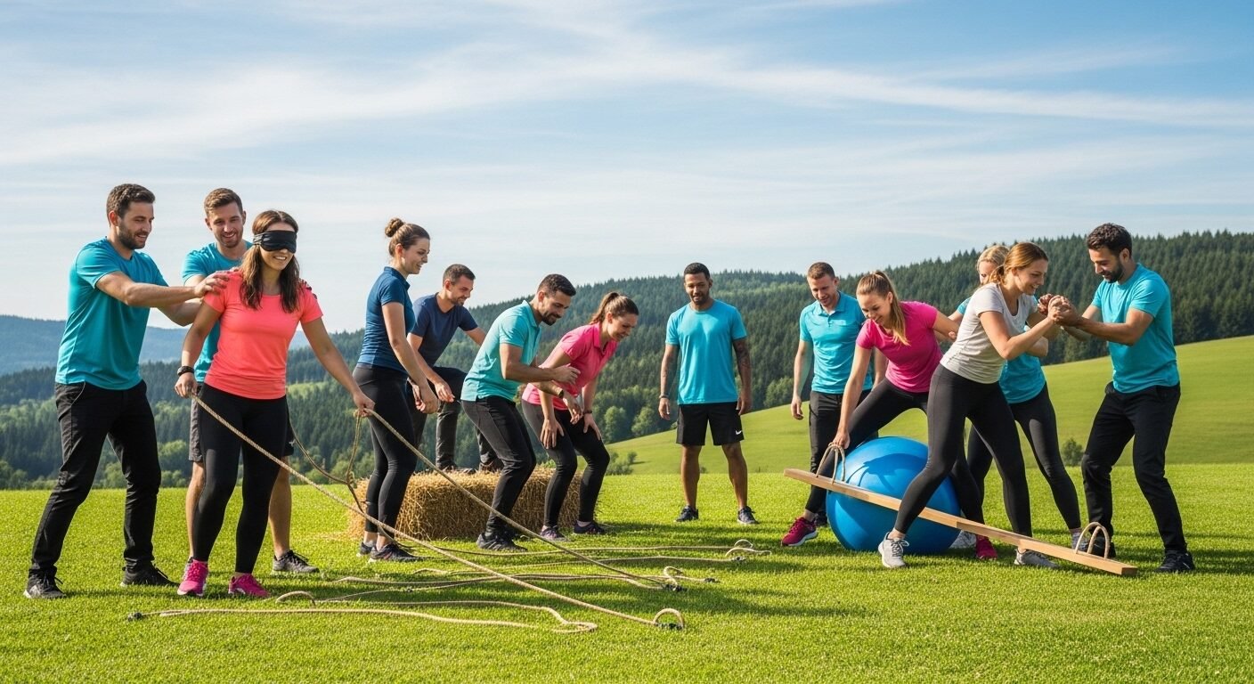 Hoạt động team building ngoài trời gắn kết của nhóm trên sân cỏ, ngày nắng đẹp. Hoạt động team building ngoài trời gắn kết của nhóm trên sân cỏ, ngày nắng đẹp.