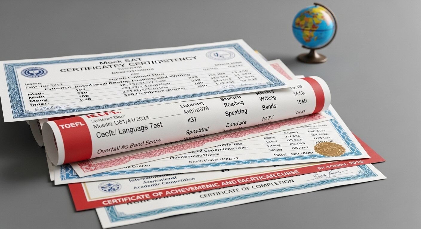 Một chồng chứng chỉ học thuật và ngoại ngữ quốc tế (như SAT) trên bề mặt xám, với quả địa cầu mờ phía sau, minh họa cho các yêu cầu trong phương án tuyển sinh ĐH Bách khoa TPHCM 2026. Một chồng chứng chỉ học thuật và ngoại ngữ quốc tế (như SAT) trên bề mặt xám, với quả địa cầu mờ phía sau, minh họa cho các yêu cầu trong phương án tuyển sinh ĐH Bách khoa TPHCM 2026.