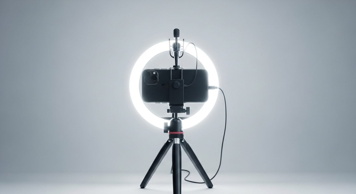 Thiết lập vlog tối giản với smartphone gắn tripod, micro cài áo và đèn ring light. Hoàn hảo cho cách làm vlog học ngôn ngữ.