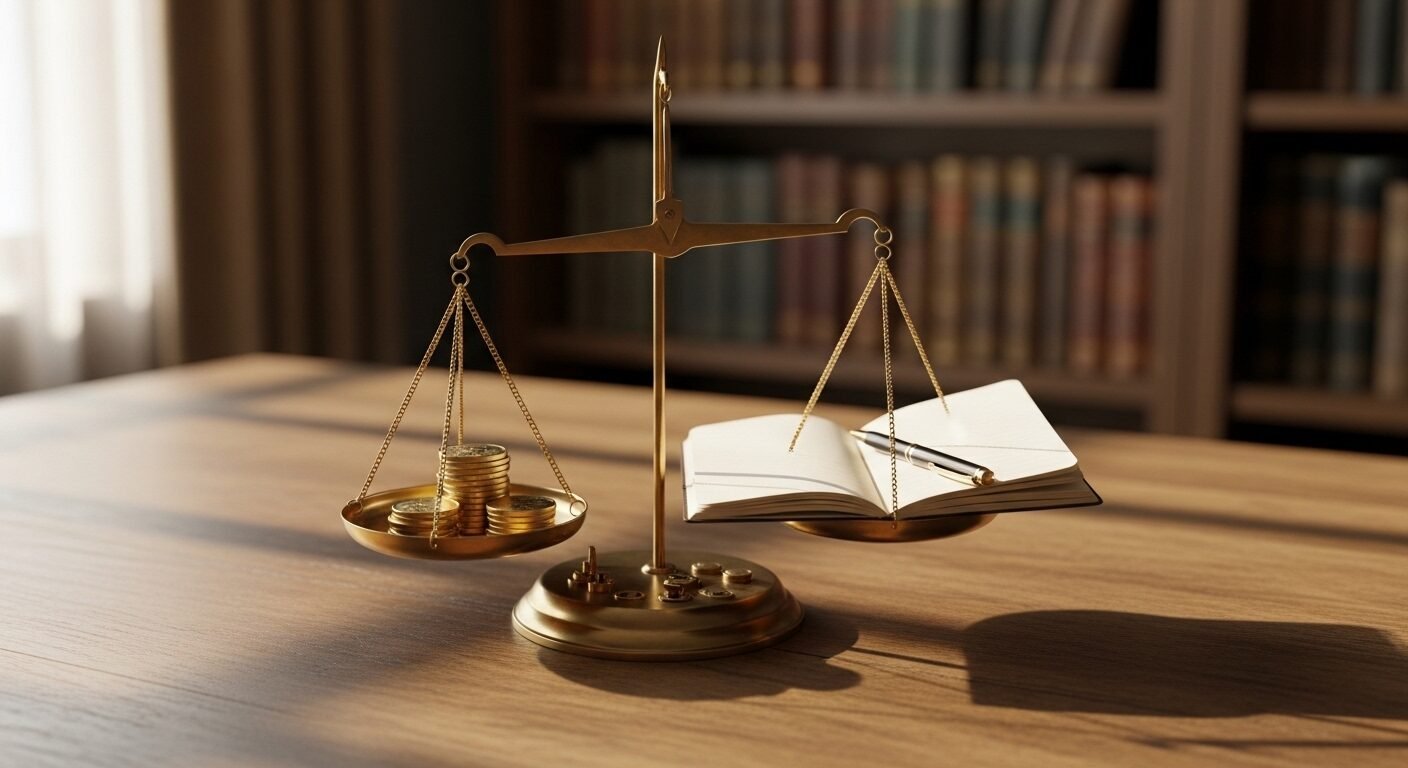 Cân đồng cổ điển cân bằng giữa đồng xu vàng và sổ ghi chép, minh họa sự cân nhắc khi tìm cách trả lời mức lương mong muốn khi chưa có kinh nghiệm, ưu tiên cơ hội học hỏi và phát triển. Cân đồng cổ điển cân bằng giữa đồng xu vàng và sổ ghi chép, minh họa sự cân nhắc khi tìm cách trả lời mức lương mong muốn khi chưa có kinh nghiệm, ưu tiên cơ hội học hỏi và phát triển.