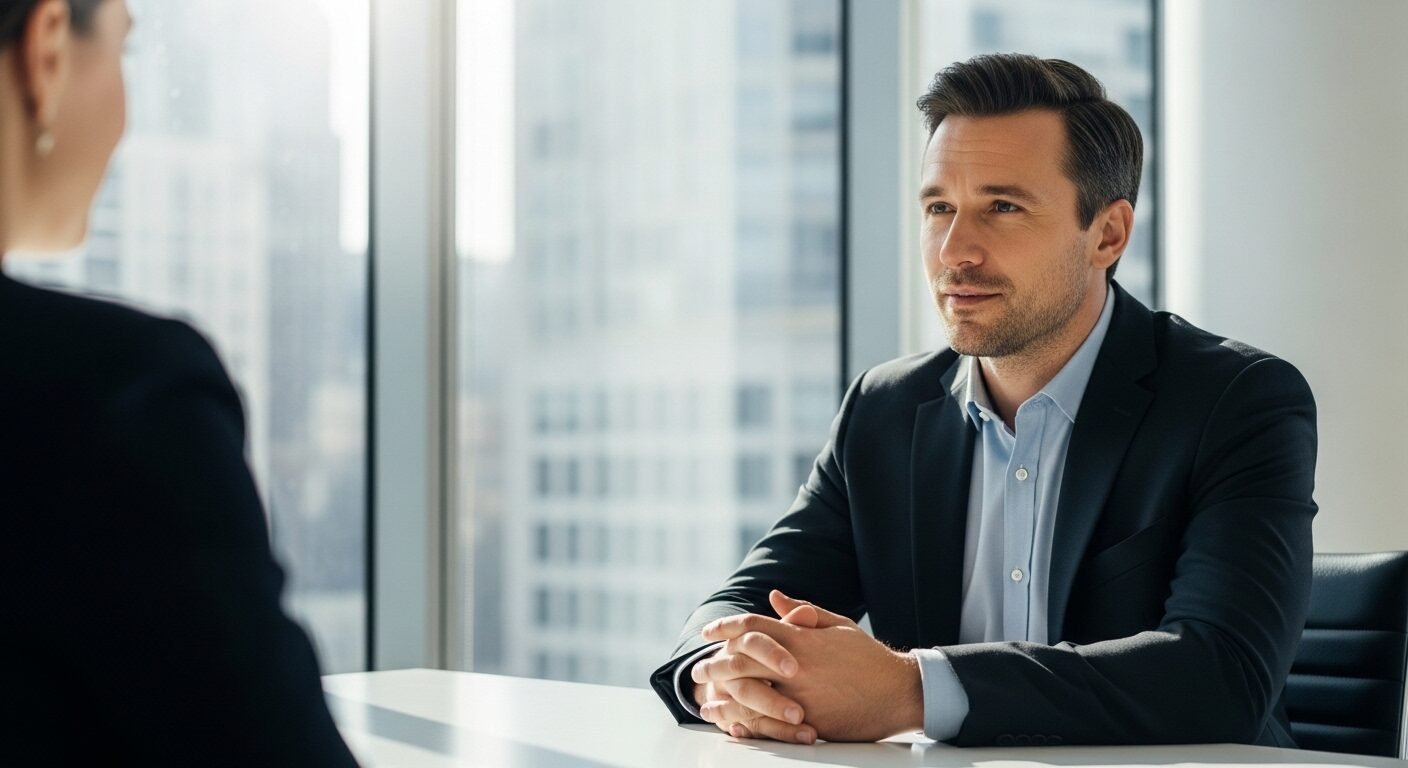 Ứng viên tự tin thể hiện kỹ năng phỏng vấn xin việc qua ánh mắt giao tiếp, nụ cười và cử chỉ điềm tĩnh trong môi trường văn phòng hiện đại. Ứng viên tự tin thể hiện kỹ năng phỏng vấn xin việc qua ánh mắt giao tiếp, nụ cười và cử chỉ điềm tĩnh trong môi trường văn phòng hiện đại.