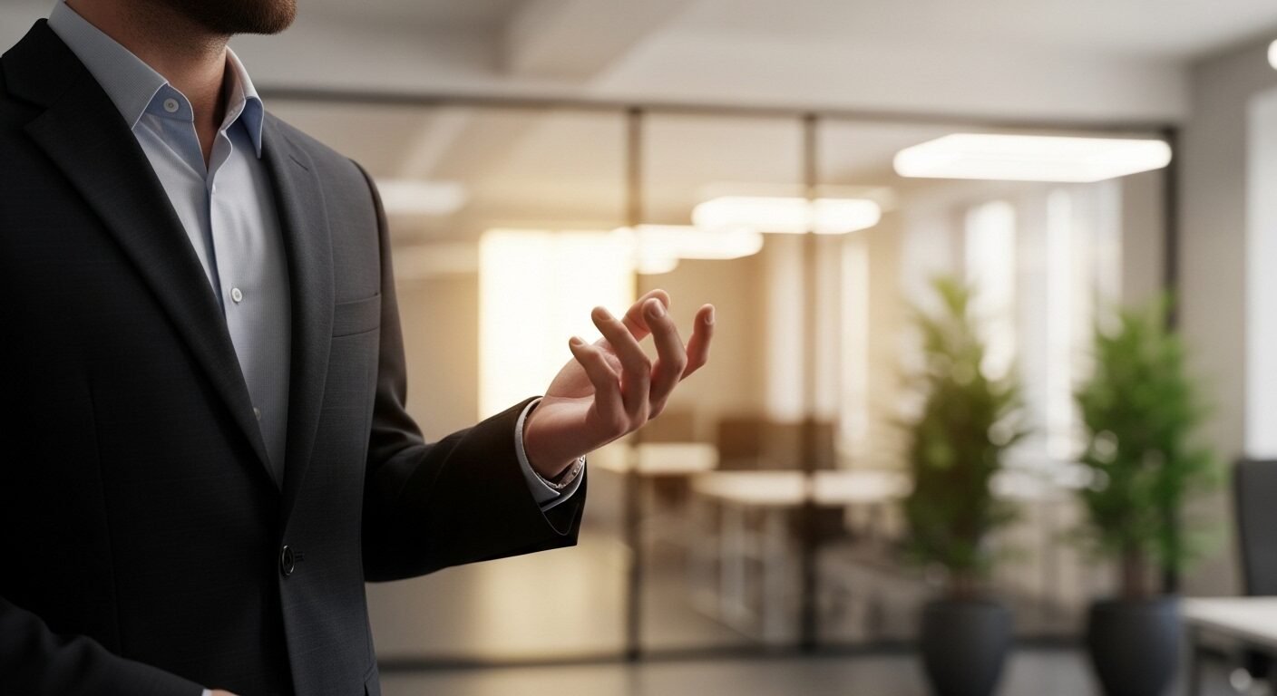 Người chuyên nghiệp với tư thế thẳng, cử chỉ tay mở, thể hiện sự tự tin và giao tiếp rõ ràng, lý tưởng cho việc giới thiệu bản thân khi phỏng vấn.