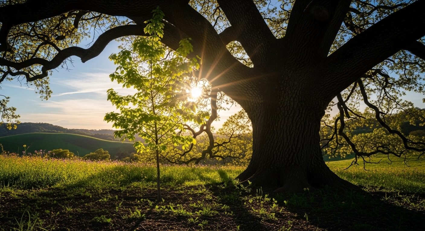 Cây non xanh tốt phát triển mạnh mẽ dưới tán sồi già che chở trong nắng, tượng trưng cho sự phát triển sự nghiệp bền vững. Cây non xanh tốt phát triển mạnh mẽ dưới tán sồi già che chở trong nắng, tượng trưng cho sự phát triển sự nghiệp bền vững.
