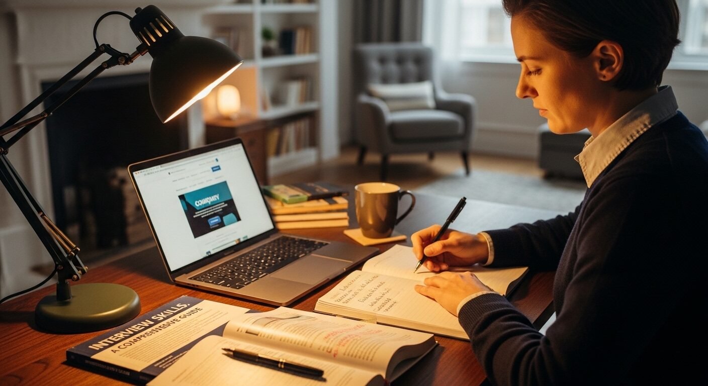 Ứng viên chăm chú ôn luyện các tình huống tiếng Anh phỏng vấn xin việc làm trên laptop và tài liệu, chuẩn bị kỹ càng cho buổi phỏng vấn. Ứng viên chăm chú ôn luyện các tình huống tiếng Anh phỏng vấn xin việc làm trên laptop và tài liệu, chuẩn bị kỹ càng cho buổi phỏng vấn.