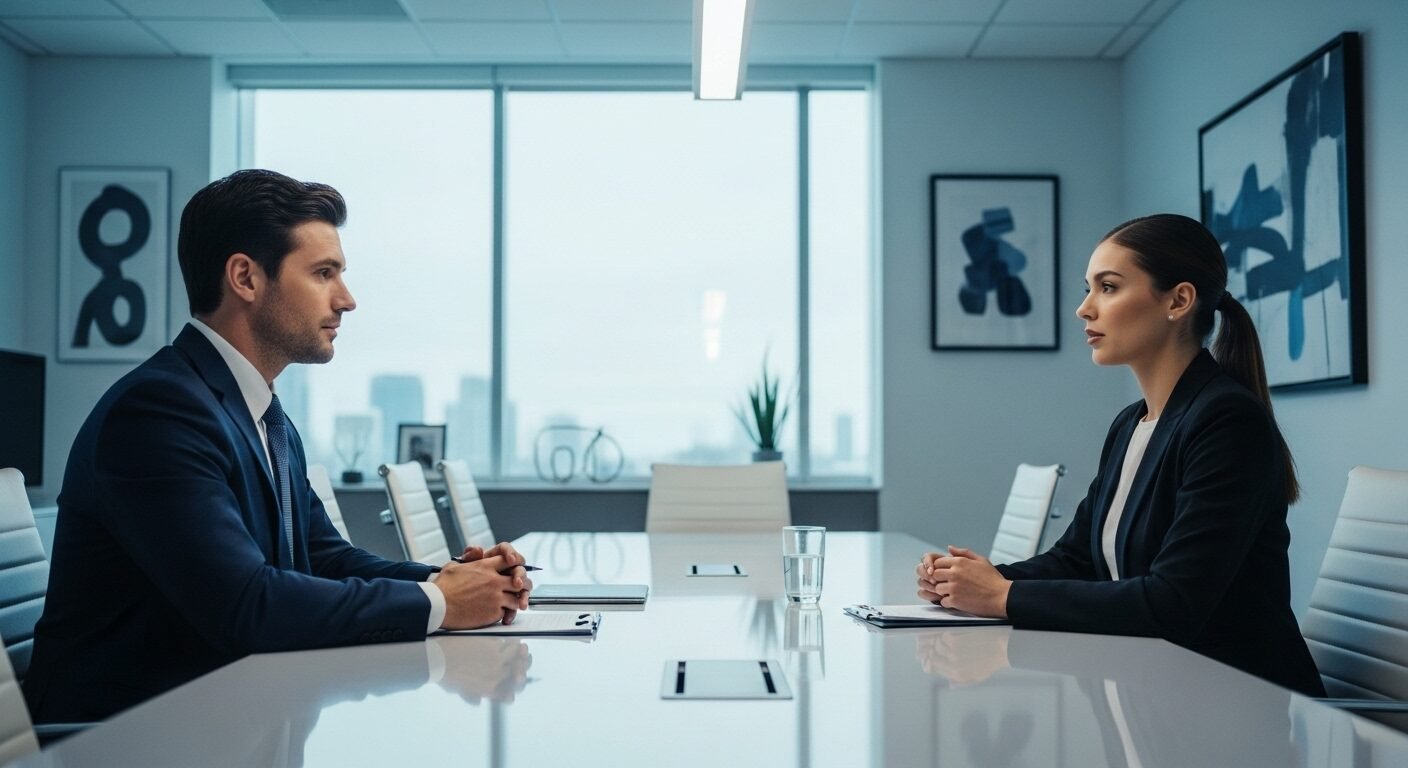 Buổi phỏng vấn chuyên nghiệp tại văn phòng hiện đại, ứng viên và nhà tuyển dụng đang trao đổi. Hình ảnh gợi ý cách trả lời phỏng vấn tiếng Anh tự tin. Buổi phỏng vấn chuyên nghiệp tại văn phòng hiện đại, ứng viên và nhà tuyển dụng đang trao đổi. Hình ảnh gợi ý cách trả lời phỏng vấn tiếng Anh tự tin.