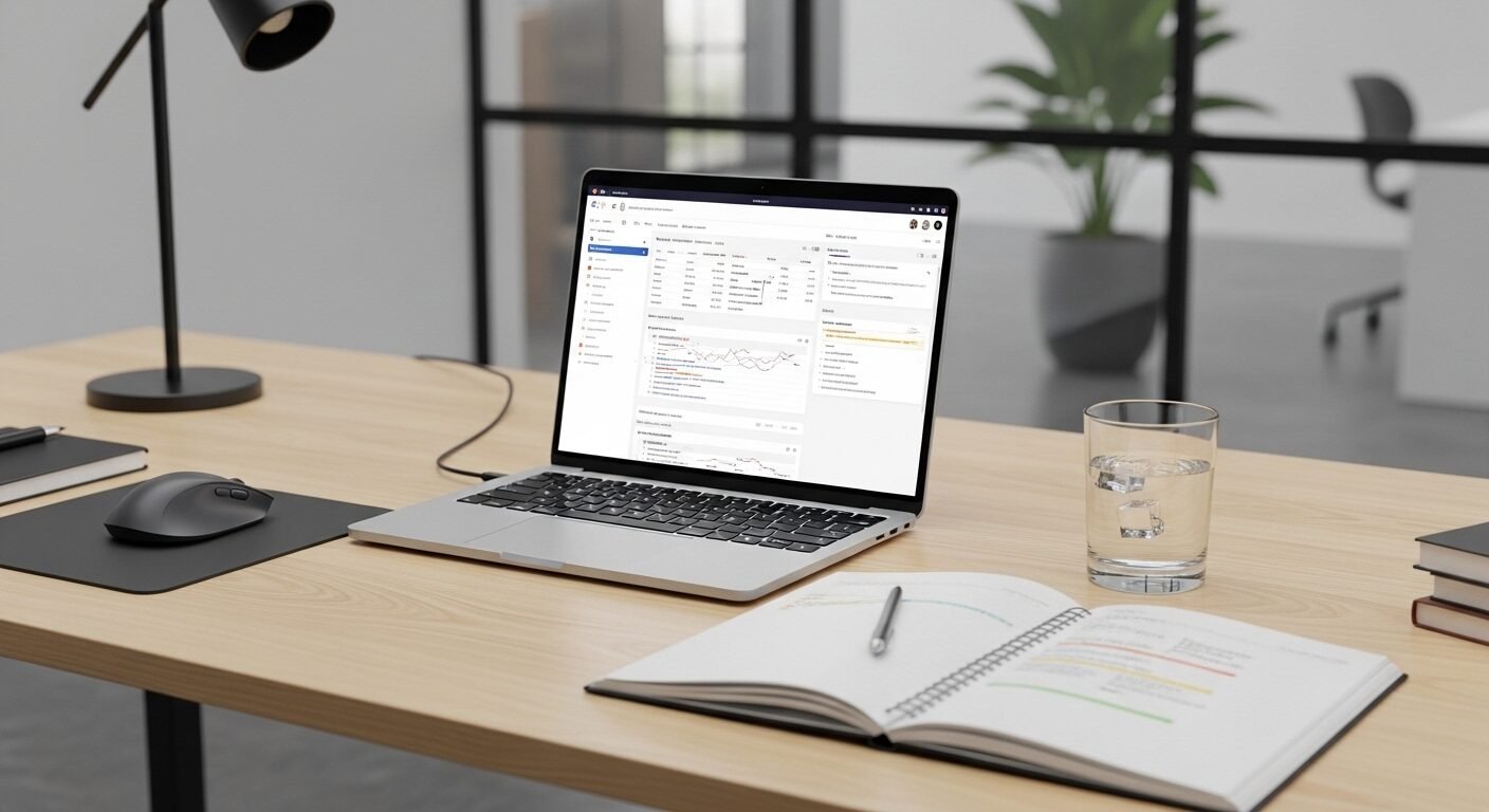 Bàn làm việc chuyên nghiệp, ngăn nắp với laptop và sổ kế hoạch. Nơi bạn có thể đánh giá lại buổi phỏng vấn và tìm hiểu về các dấu hiệu rớt phỏng vấn.