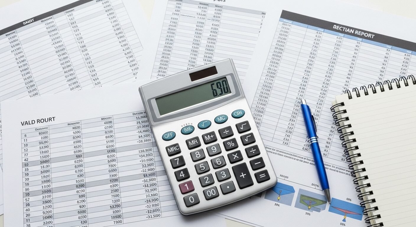 Bàn làm việc gọn gàng với báo cáo và bảng tính số liệu, máy tính, hỗ trợ phân tích để phân biệt điểm sàn và điểm chuẩn.