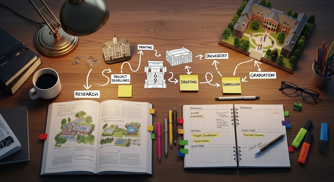 Góc học tập gọn gàng với sách vở, sổ kế hoạch và lộ trình trực quan dẫn tới mô hình đại học, thể hiện sự chuẩn bị kỹ lưỡng cho việc đạt điểm sàn ngưỡng xét tuyển điểm chuẩn. Góc học tập gọn gàng với sách vở, sổ kế hoạch và lộ trình trực quan dẫn tới mô hình đại học, thể hiện sự chuẩn bị kỹ lưỡng cho việc đạt điểm sàn ngưỡng xét tuyển điểm chuẩn.