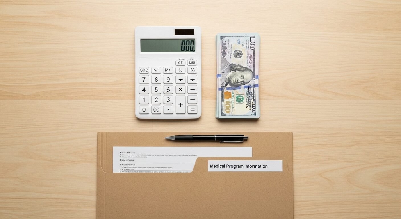 Bàn học gọn gàng với máy tính, tiền mặt, bút và tài liệu 