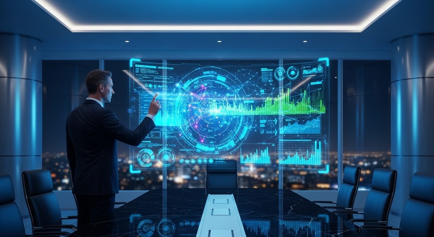 Lãnh đạo cấp cao phân tích dữ liệu và biểu đồ xu hướng trên hình chiếu hologram về ngành nghề bị ảnh hưởng bởi AI trong phòng họp tương lai. Lãnh đạo cấp cao phân tích dữ liệu và biểu đồ xu hướng trên hình chiếu hologram về ngành nghề bị ảnh hưởng bởi AI trong phòng họp tương lai.