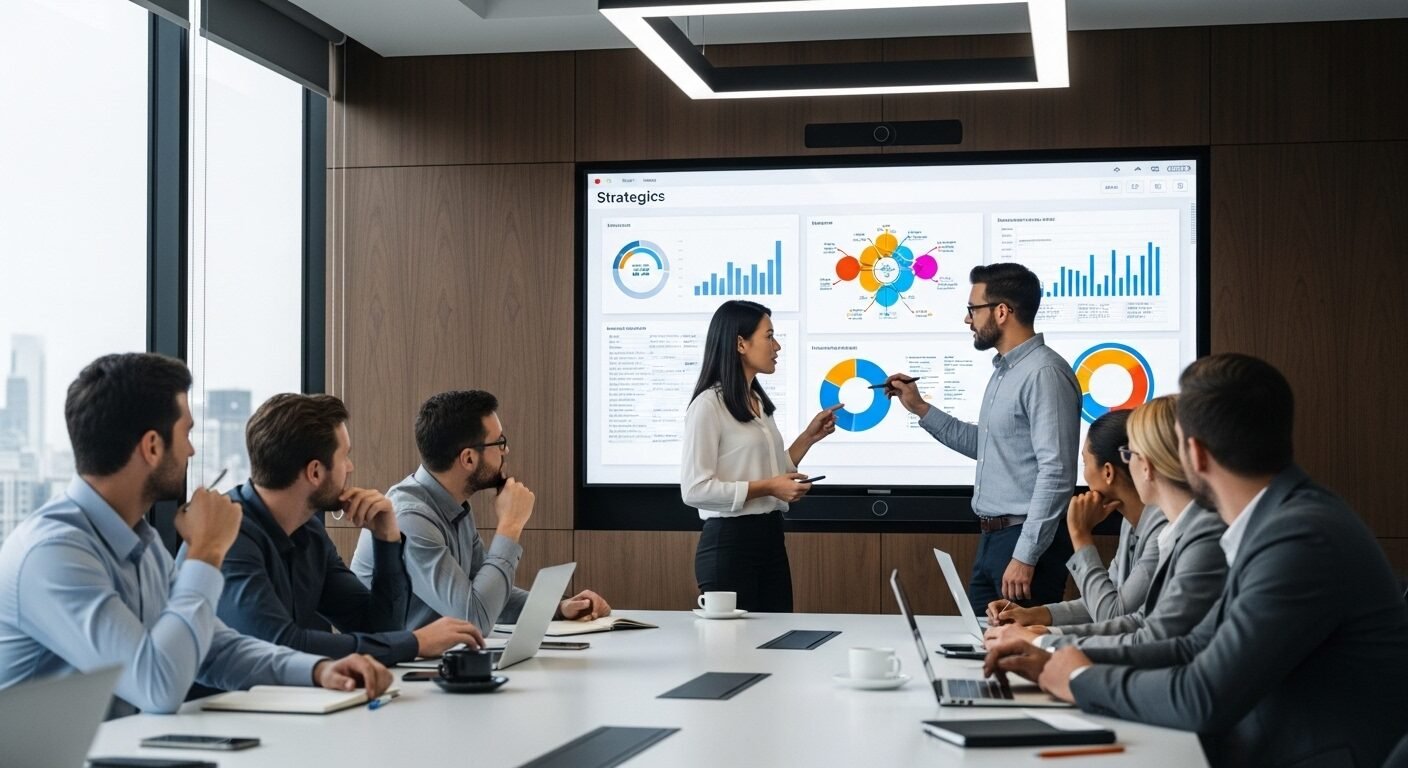Cuộc họp nhóm năng động tại phòng công nghệ cao, với các chuyên gia đa dạng và quản trị viên tập sự đang cùng nhau thảo luận dữ liệu, giải pháp chiến lược trên màn hình tương tác lớn.