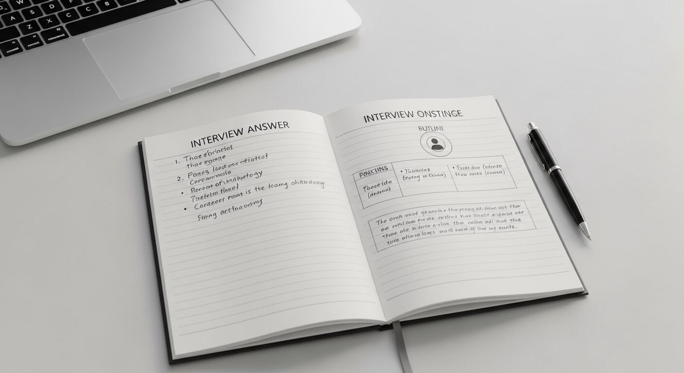 Sổ tay mở với dàn ý viết tay về cách trả lời phỏng vấn giới thiệu bản thân, cùng bút trên bàn làm việc gọn gàng. Sổ tay mở với dàn ý viết tay về cách trả lời phỏng vấn giới thiệu bản thân, cùng bút trên bàn làm việc gọn gàng.