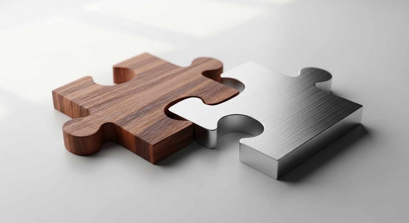 Hai mảnh ghép gỗ và kim loại khớp hoàn hảo, tượng trưng cho sự kết nối và thành công nhờ kỹ năng tìm việc làm hiệu quả.