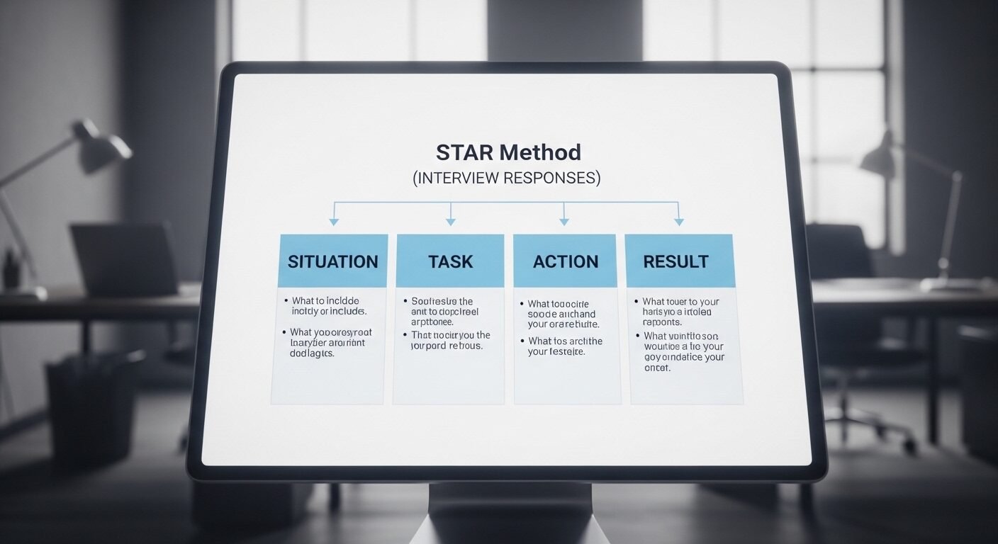 Sơ đồ chi tiết phương pháp STAR trên màn hình kỹ thuật số, hướng dẫn cách trả lời phỏng vấn tiếng Anh chuyên nghiệp và hiệu quả. Sơ đồ chi tiết phương pháp STAR trên màn hình kỹ thuật số, hướng dẫn cách trả lời phỏng vấn tiếng Anh chuyên nghiệp và hiệu quả.