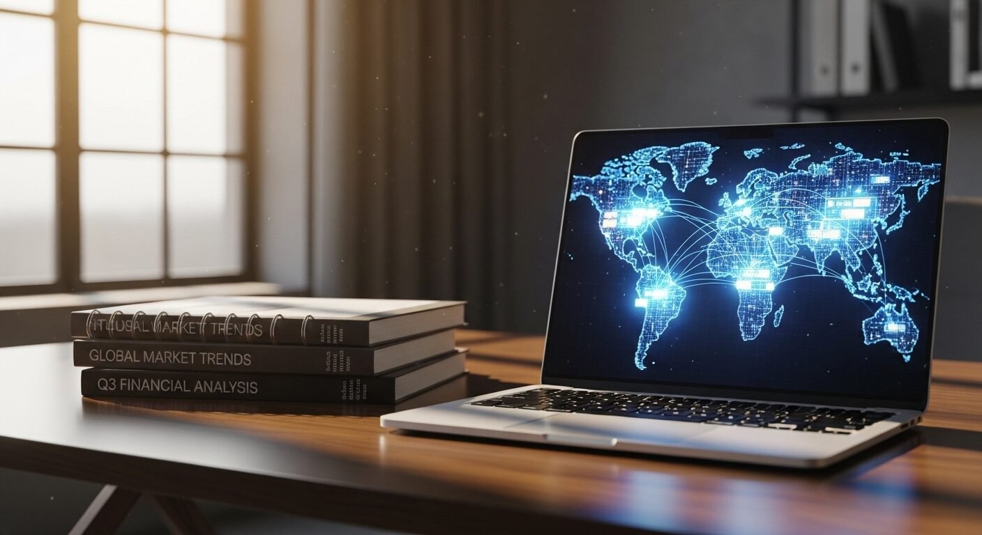 Màn hình laptop hiện đại hiển thị bản đồ thế giới với các điểm kết nối, đặt cạnh chồng báo cáo kinh doanh quốc tế trên bàn làm việc ấm cúng. Hình ảnh minh họa tầm quan trọng của các kỹ năng trong CV cho công việc và tư duy toàn cầu.