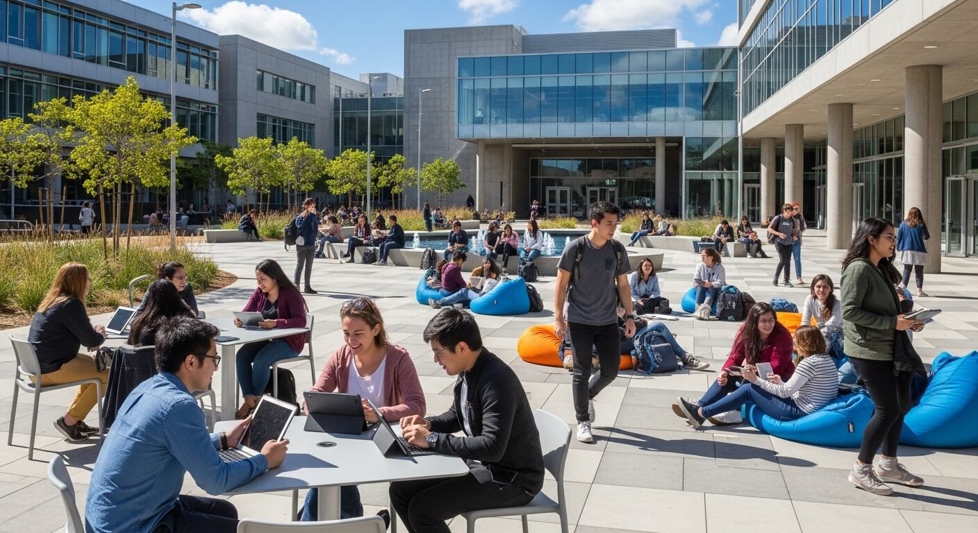 Sinh viên đa dạng tương tác công nghệ và trò chuyện trên sân trường đại học hiện đại, nơi lý tưởng để định hướng và chọn ngành đại học.