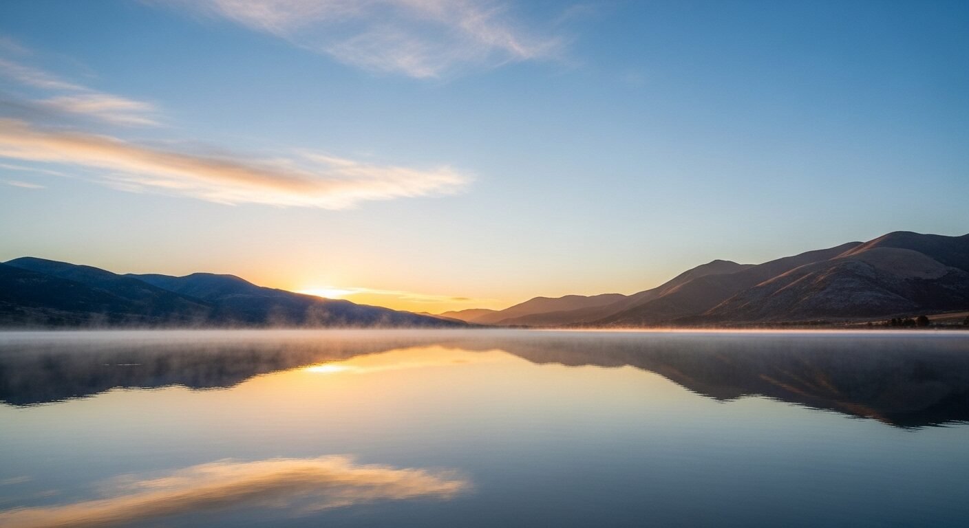 Bình minh trên hồ nước tĩnh lặng, phản chiếu bầu trời xanh biếc và núi mờ sương, mang vẻ đẹp yên bình như cảnh trong phim truyền cảm hứng.