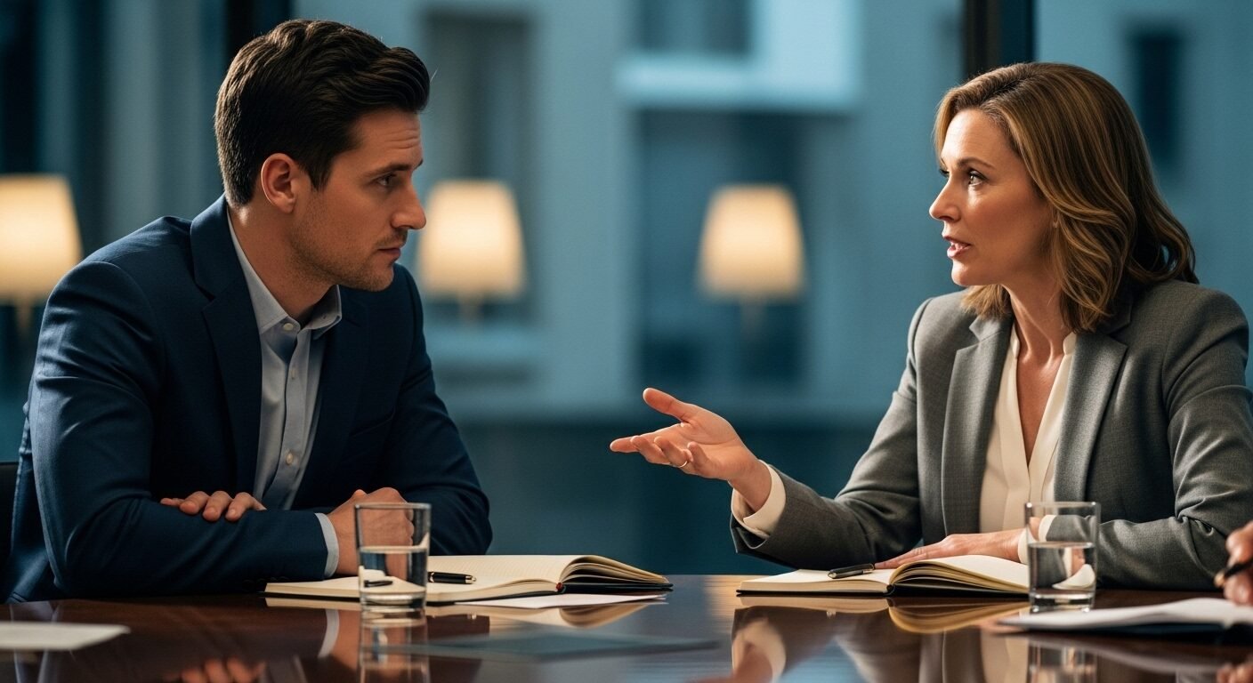 Hai người đang thảo luận chuyên nghiệp tại bàn họp, tập trung vào chủ đề trí tuệ nhân tạo thay thế con người.