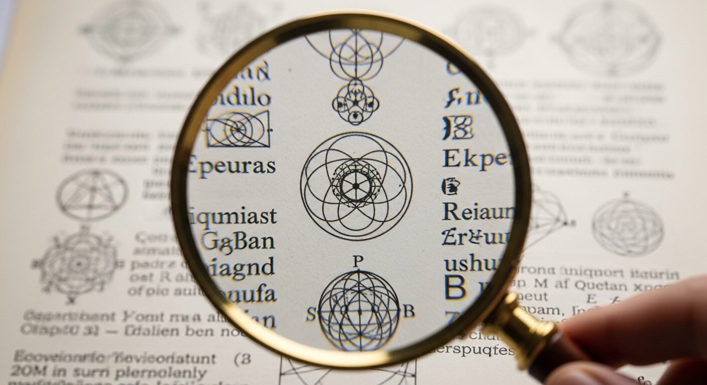 Kính lúp phóng to văn bản và sơ đồ phức tạp trên giấy, giúp soi xét chi tiết và phát triển tư duy phản biện.