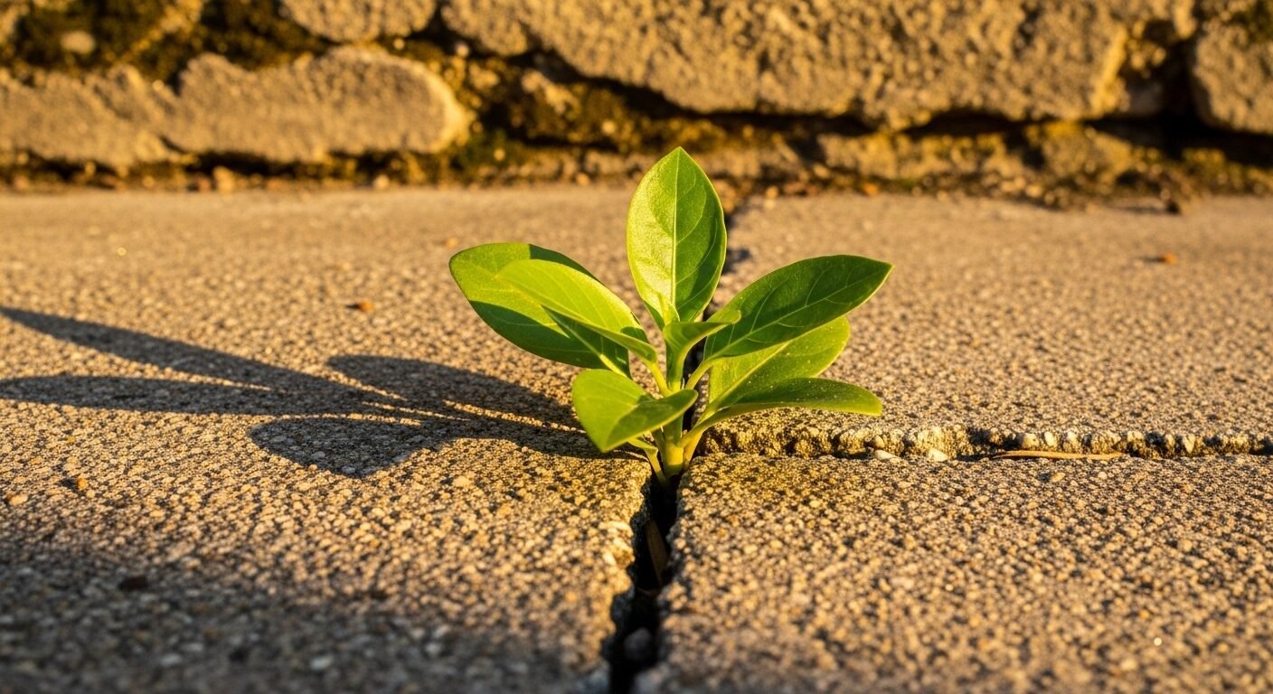 Mầm cây xanh tươi kiên cường vươn mình qua kẽ nứt bê tông phong hóa trong nắng ấm, minh họa sức sống và triết lý từ những câu nói ý nghĩa về hạnh phúc.